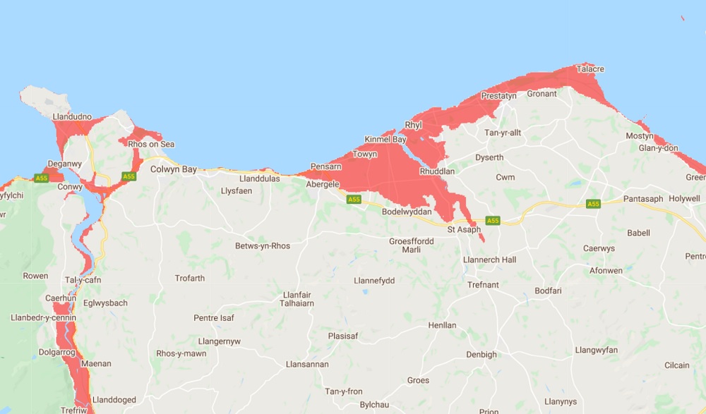 Rhos On Sea Map Updated Climate Change Sea Level Risk Map Shows Large Parts Of Wales  Flooded By 2050